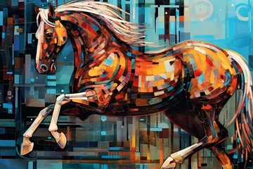 Koń kolorowy surrealistyczny akrylowy obraz Generative AI - obrazy, fototapety, plakaty