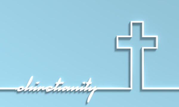 Christianity concept illustration. Cross and christianity word. Thin line style. 3D render
