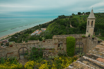 Spring view of Cupra Marittima medieval village over the adriatic sea in the Marche region, Italy
