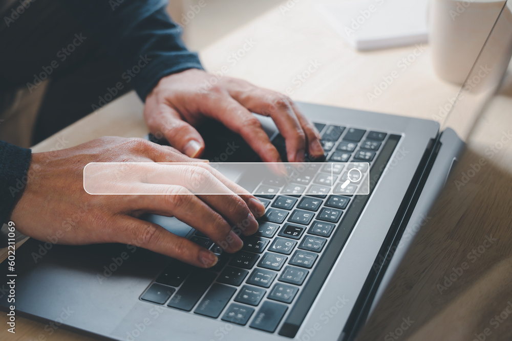 Aufkleber hand touching on digital data for search engine optimization or seo concept to find information or d