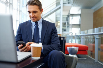 Businessman with smartphone, focus and company communication or social media with coffee while working. Contact, online and email with networking, b2b and worker in professional corporate lounge