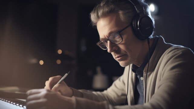 Music Journalist Male Caucasian Middle-Aged Writing and publishing articles and reviews about music and musicians in Newsroom. Generative AI AIG22.