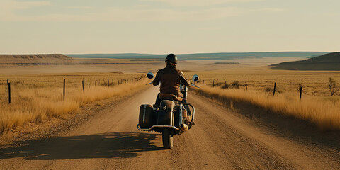 Motorcycle in a typical scenic American highway leading through the desert towards Monument Valley