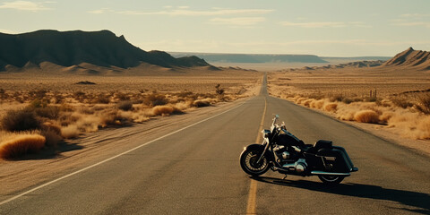 Motorcycle in a typical scenic American highway leading through the desert towards Monument Valley