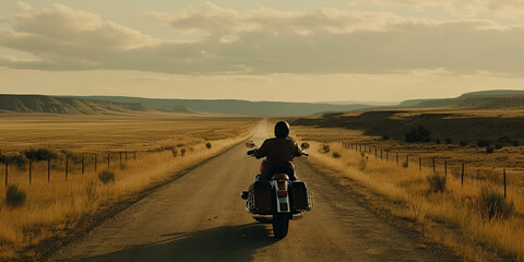 Motorcycle in a typical scenic American highway leading through the desert towards Monument Valley