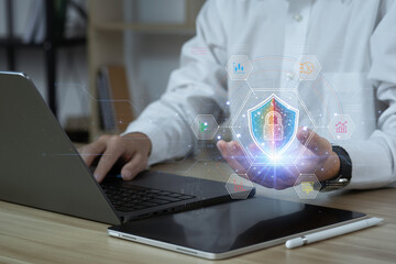 Businessmen hand holding a lock padlock icon. Cyber security Data Protection Information privacy antivirus virus defence internet technology concept..