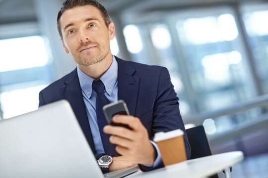 Portrait, phone or business man thinking in hotel lounge, lobby or office for agenda, schedule or web search. Laptop, corporate or manager with smartphone for networking, social media or blog news