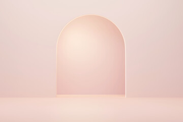 3D rendering empty pastel pink wall room with arch door. Minimal interior background for product presentation.