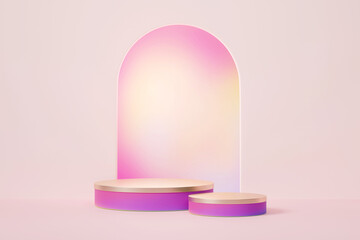 3D rendering pink purple stands with arch on pink room wall. LGBTQ product display scene.