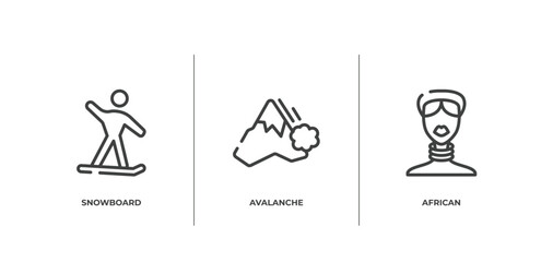 africa outline icons set. thin line icons sheet included snowboard, avalanche, african vector.