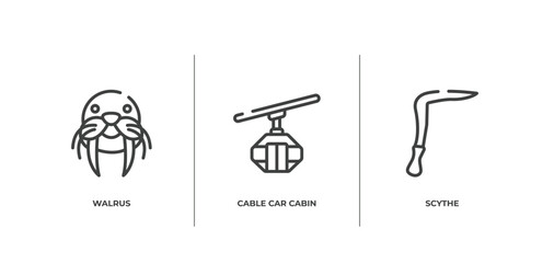 africa outline icons set. thin line icons sheet included walrus, cable car cabin, scythe vector.