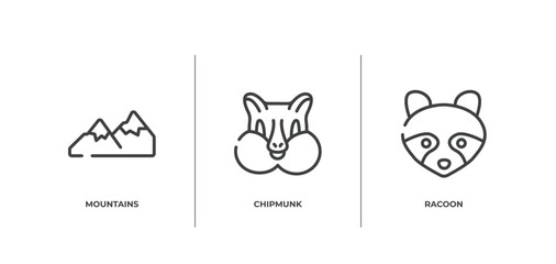 animal head outline icons set. thin line icons sheet included mountains, chipmunk, racoon vector.