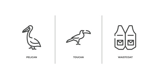 wildlife outline icons set. thin line icons sheet included pelican, toucan, waistcoat vector.
