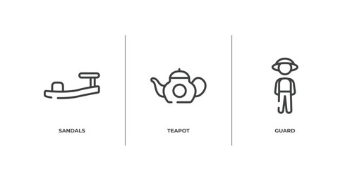 in the zoo outline icons set. thin line icons sheet included sandals, teapot, guard vector.