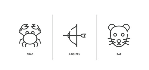 animal head outline icons set. thin line icons sheet included crab, archery, rat vector.