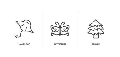 nature outline icons set. thin line icons sheet included manta ray, butterflies, spruce vector.