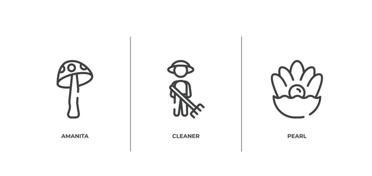 nature outline icons set. thin line icons sheet included amanita, cleaner, pearl vector.
