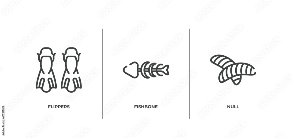 Poster hunting outline icons set. thin line icons sheet included flippers, fishbone, null vector.