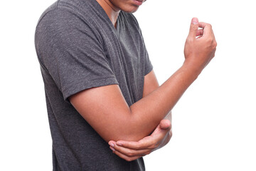 Man pain in the elbow isolated on white background