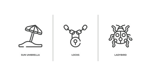 bug and insects outline icons set. thin line icons sheet included sun umbrella, locks, ladybird vector.