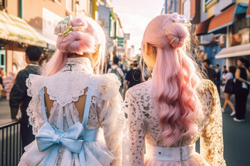 Back view of young woman in Japanese Harajuku street fashion style with pastel colored hair and cute clothes. Generative AI illustration