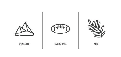 tropical outline icons set. thin line icons sheet included pyramids, rugby ball, fern vector.