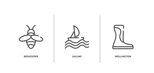 Fototapeta premium spring outline icons set. thin line icons sheet included beekeeper, sailing, wellington vector.