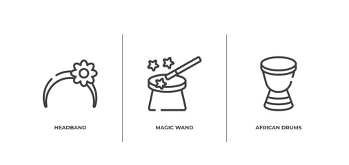 africa outline icons set. thin line icons sheet included headband, magic wand, african drums vector.