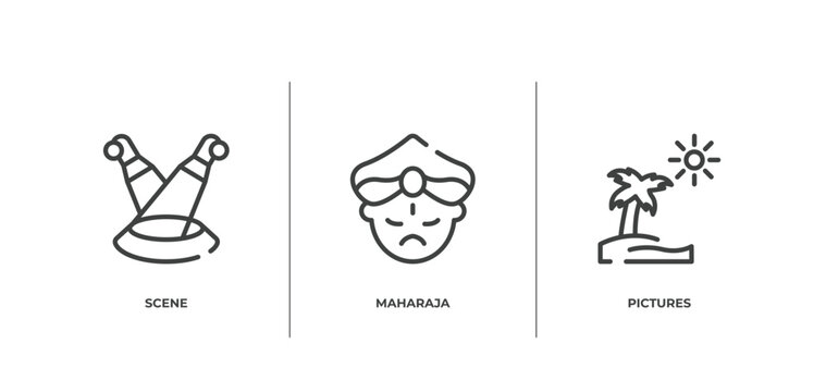 tropical outline icons set. thin line icons sheet included scene, maharaja, pictures vector.