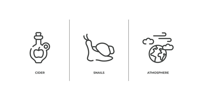 nature outline icons set. thin line icons sheet included cider, snails, atmosphere vector.
