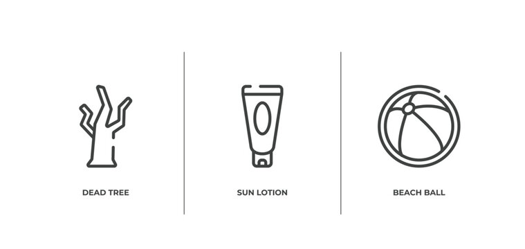 tropical outline icons set. thin line icons sheet included dead tree, sun lotion, beach ball vector.