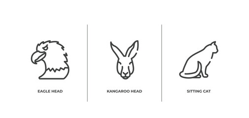 free animals outline icons set. thin line icons sheet included eagle head, kangaroo head, sitting cat vector.