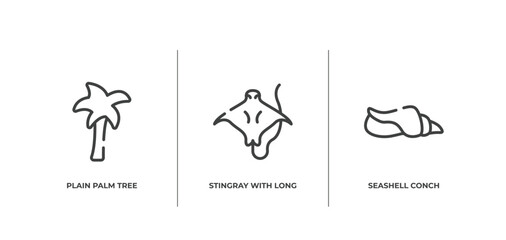 free animals outline icons set. thin line icons sheet included plain palm tree, stingray with long tail, seashell conch vector.