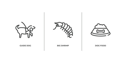 pet shop outline icons set. thin line icons sheet included guide dog, big shrimp, dog food vector.
