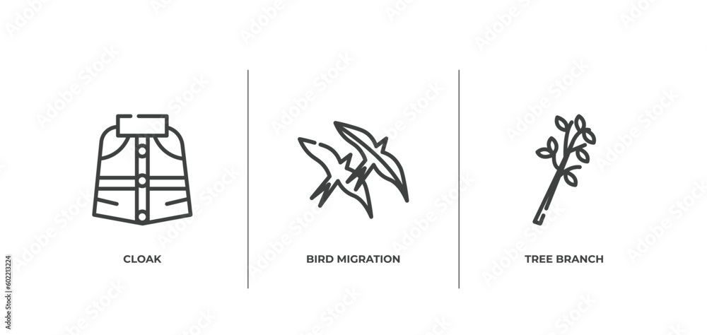 Poster autumn outline icons set. thin line icons sheet included cloak, bird migration, tree branch vector.
