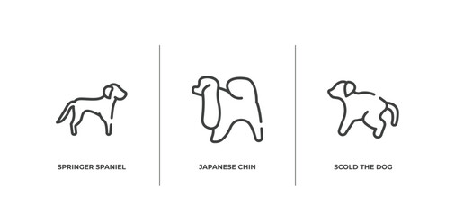 dog and training outline icons set. thin line icons sheet included springer spaniel, japanese chin, scold the dog vector. - obrazy, fototapety, plakaty