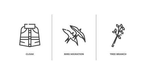autumn outline icons set. thin line icons sheet included cloak, bird migration, tree branch vector.