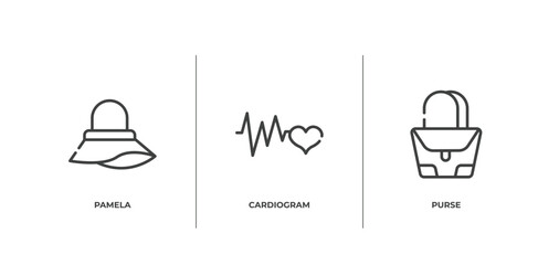 beauty outline icons set. thin line icons sheet included pamela, cardiogram, purse vector.