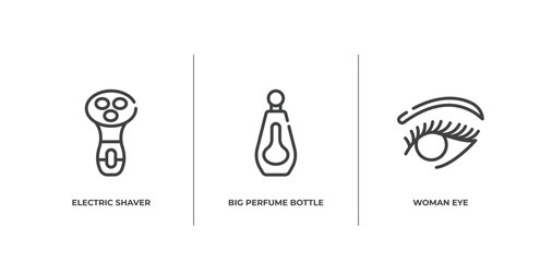 beauty salon outline icons set. thin line icons sheet included electric shaver for women, big perfume bottle, woman eye vector.