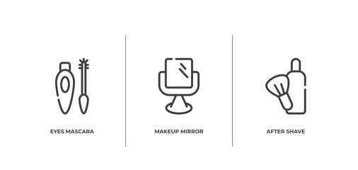 barbershop elements outline icons set. thin line icons sheet included eyes mascara, makeup mirror, after shave vector.