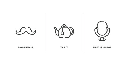 beauty outline icons set. thin line icons sheet included big mustache, tea pot, make up mirror vector.