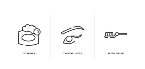 beauty and fashion outline icons set. thin line icons sheet included soap bar, two eyeliners, teeth brush vector.