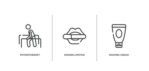 beauty outline icons set. thin line icons sheet included physiotherapy, women lipstick, shaving cream vector.