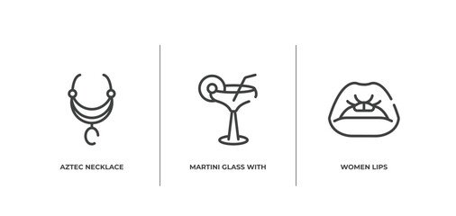 beauty outline icons set. thin line icons sheet included aztec necklace, martini glass with straw, women lips vector.