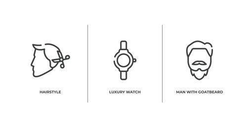 beauty outline icons set. thin line icons sheet included hairstyle, luxury watch, man with goatbeard vector.