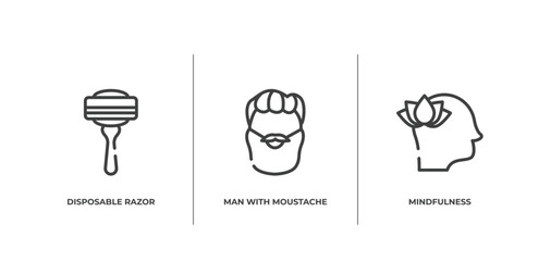 therapy outline icons set. thin line icons sheet included disposable razor, man with moustache and bear, mindfulness vector.