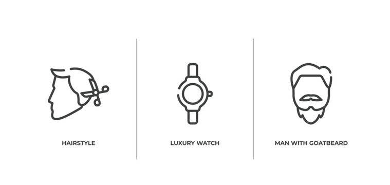 beauty outline icons set. thin line icons sheet included hairstyle, luxury watch, man with goatbeard vector.