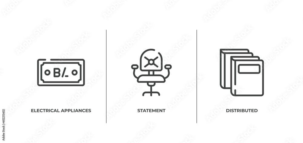 Poster blockchain outline icons set. thin line icons sheet included electrical appliances, statement, distr