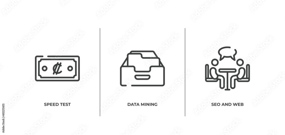 Poster business and economy outline icons set. thin line icons sheet included speed test, data mining, seo 