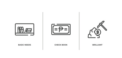 startups outline icons set. thin line icons sheet included basic needs, check book, brilliant vector.